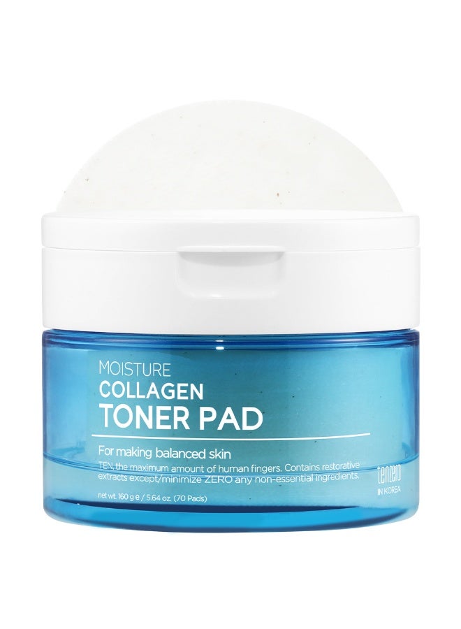 TENZERO Moisture Collagen Toner Pad 160g (70 Pads) - Anti-Aging Face Mask & Hydrating Toner with Hydrolyzed Collagen & Cica - Premium Korean Cotton Pads for Elasticity, Wrinkle Care & Skin Glow - Image 1